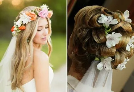 Moda nunta coafura cu flori - lung, mediu si parul scurt, cu un voal și fără (flori) Moda coafura nunta cu flori - lung, mediu si parul scurt, cu un voal și fără