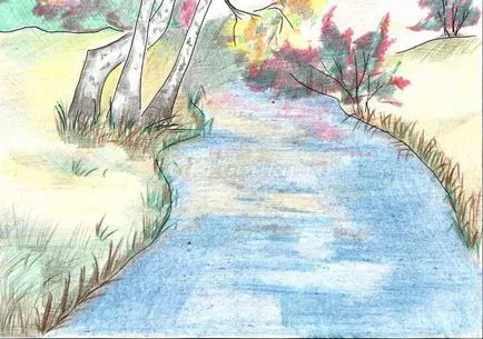 Desen toamna peisaj creion colorat treptat (colorate) Desen creioane colorate toamna decor etapizate