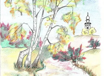 Desen toamna peisaj creion colorat treptat (colorate) Desen creioane colorate toamna decor etapizate