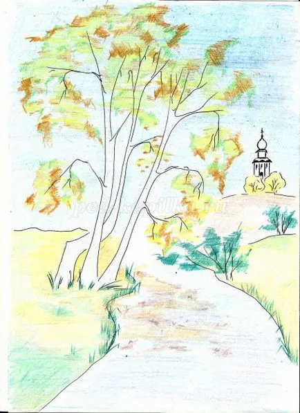 Desen toamna peisaj creion colorat treptat (toamna) Desen creioane colorate toamna decor etapizate