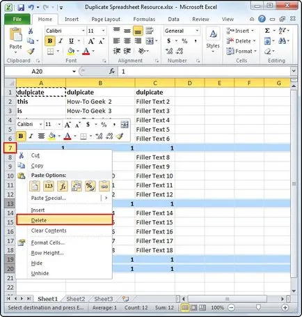 Eliminarea rânduri duplicate în Excel
