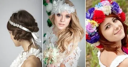 coroană de flori de nunta pe cap - o imagine de nunta, cu o coroană de flori, fructe de pădure, panglici, pene