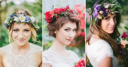 coroană de flori de nunta pe cap - o imagine de nunta, cu o coroană de flori, fructe de pădure, panglici, pene