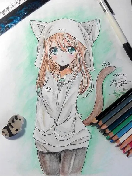Hogyan rajzolni és festeni anime lány macska a motorháztető