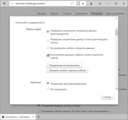 Hogyan lehet engedélyezni a cookie-k Yandex Böngésző 1