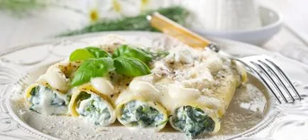 Cannelloni töltve - recepteket húst, csirkét, gomba és spenót (spenót) Cannelloni töltött - receptek húst, csirkét, gombát és a spenót
