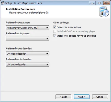 Beállítás K-Lite Codec Pack