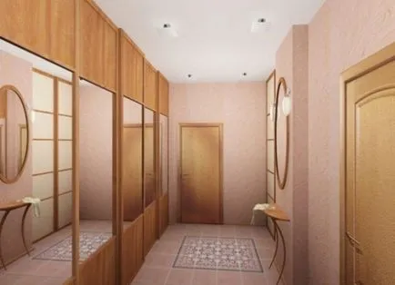 A design egy keskeny folyosó - tapéta, mennyezet, bútorok