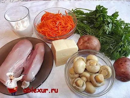 Saláta - gomba tisztás - csirke recept egy fotó