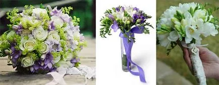 Esküvői csokor frézia és porlasztva rózsák, Calla liliom, eustomy (fotó)