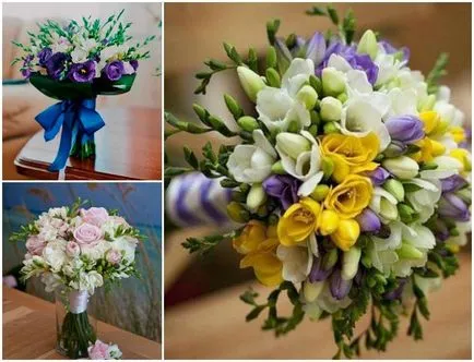 Esküvői csokor frézia és porlasztva rózsák, Calla liliom, eustomy (fotó)