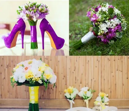 Esküvői csokor frézia és porlasztva rózsák, Calla liliom, eustomy (fotó)