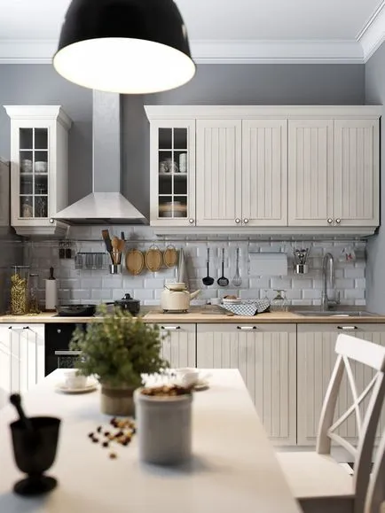 Beige konyha, klasszikus és modern belső terekkel, a választott csempe, csuklyát, bútorok, függönyök és dekoráció (nem kötelező) Beige konyha, klasszikus és modern belső terekkel, a választott csempe, csuklyát, bútorok, függönyök és dekor,