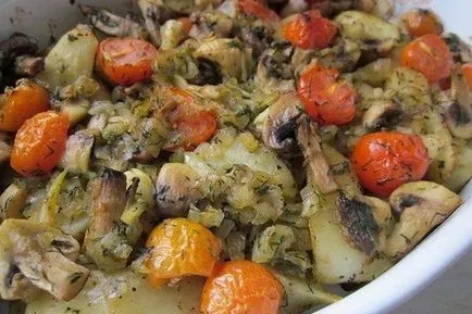 Burgonya gombával és a paradicsom, a sütő, a recept (paradicsom) Burgonya gombával és paradicsommal a sütőben, a recept