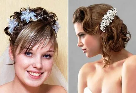 Gyönyörű esküvői frizurák közepes haj - a fátylat, frufru, tiara, virágok