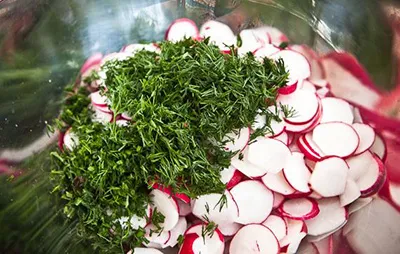 Saláták retek - 10 recept fotókkal (zöld apróra vágott) Saláták retek - 10 recept fotókkal