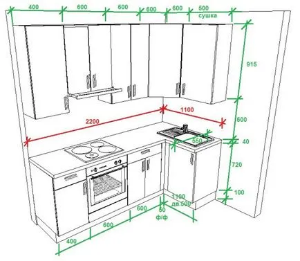 Konyhai kezével rajzok és diagramok, hogyan kell kiszámítani a méret és a részletező, videó és fotók (rajzok) Konyhai kezével rajzok és diagramok, hogyan kell kiszámítani a méret és a részletező, videó és fotók