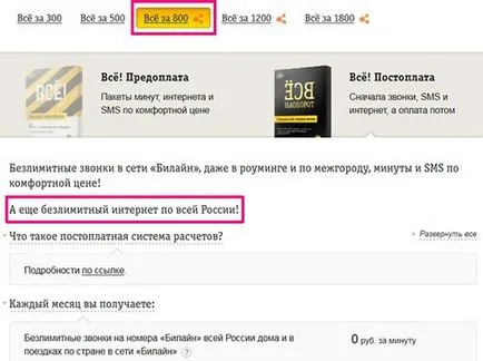 Utólagos Beeline, előnyök, árak