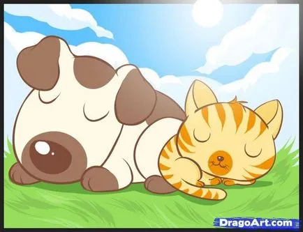 Hogyan kell felhívni Puppy and Kitten ceruza együtt szakaszokban (ceruza) Hogyan kell felhívni a kiskutya és kiscica ceruzával szakaszokban