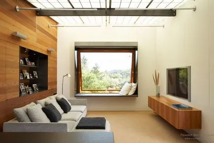 A modern design az ablakok a nappali, egy szoba két vagy három nagy és a kis ablakok (Design nappali ablaka) A modern design az ablakok a nappali, egy szoba két vagy három nagy és a kis ablakok