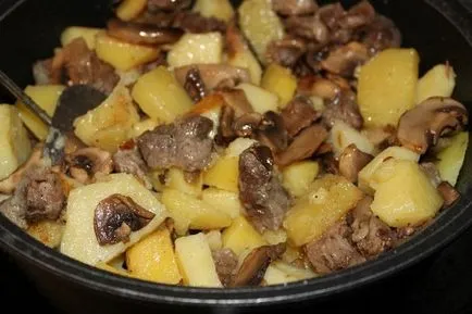 Burgonya főtt húst és gombát a sütőben serpenyőben, és egy serpenyőben (sütő) Burgonya, párolt húst és gombát a sütő, edények és egy serpenyőben