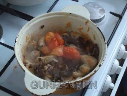 Burgonya pörkölt hús és a gomba, amikor a férfiak főzni (pörkölt) Burgonya pörkölt hús és gombával elkészítésekor a férfiak