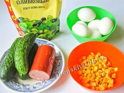 Saláta kukorica, kolbász, uborka - egy recept fotó (kolbász) Saláta kukorica, kolbász és friss uborka - a recept egy fotó