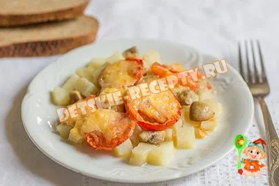 Картофи с гъби, сирене и домати, печени в пещ - рецепта със снимки, рецепти за деца, съдове (печка) Картофи с гъби, сирене и домати, печени в пещ - рецепта със снимки, рецепти за деца, кухня