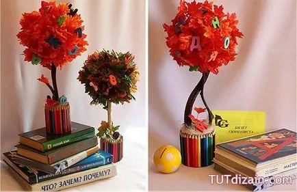 Topiary на есенни листа с техните ръце стъпки от кленови листа, майстор-клас на сухо