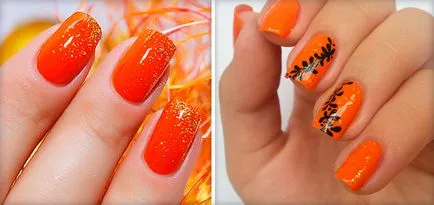 Orange маникюр идеи (с пайети, с черно-бяла боя, французите и изкуството на Луната за нокти) и снимка