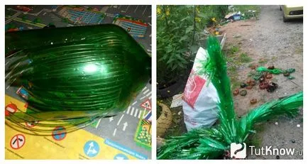 Палма и лебеди в езерото от пластмасови бутилки