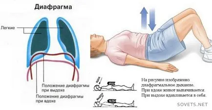 Диафрагмална дишане като дишане, извършване на оборудване