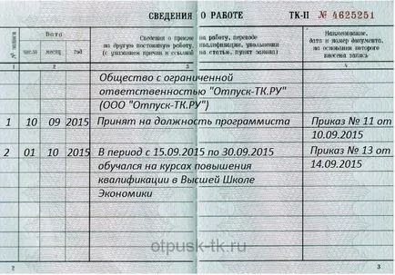 Заетост записва записите модел примерни в книгата на труда