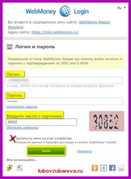 чантата WebMoney (WebMoney) връзка на услуги за електронна бр, потвърдите операцията, блог Lyubovi Zubarevoy