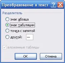 Word 2007, конвертиране на текст в таблица и обратно