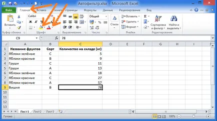 Sortarea și filtrarea datelor în culoare în Excel 2010