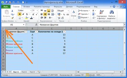 Rendezési és szűrési adatok színű Excel 2010