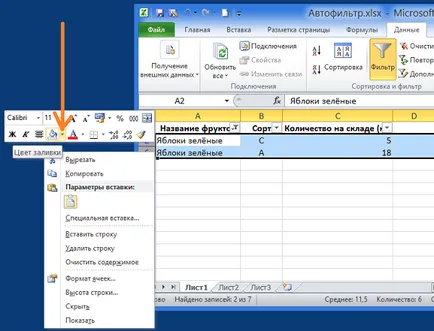 Rendezési és szűrési adatok színű Excel 2010