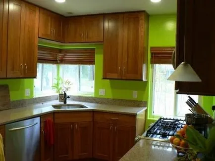 Zöld tapéta a konyha (41 fotó) Dizájn zöld és fehér árnyalatai a falak és függönyök a konyhában