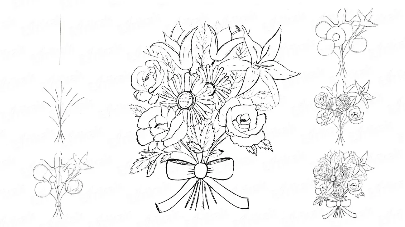 Buchete de flori pentru a desena pas cu pas - cum să atragă un buchet de flori în etape creion lessdraw