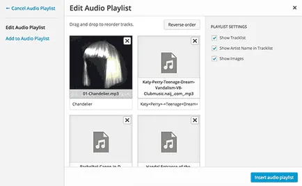 Hozzátéve audio fájlokat és a lejátszási listák létrehozásához a wordpress, minden a wordpress