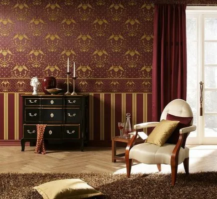 Interior de un dormitor cu combinat wallpapered