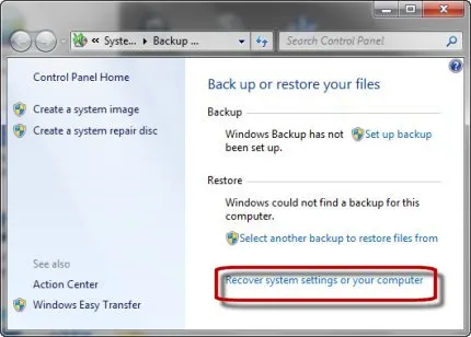 HP лаптопи - OS Windows операционни 7 възстановяване с помощта на архивиране и възстановяване на функциите на Microsoft