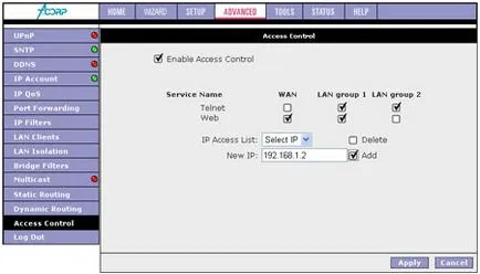 , за да изберете за контрол на достъпа с инструкции модеми Acorp спринтьор @ ADSL lan120, lan420 и w400g