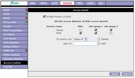 , за да изберете за контрол на достъпа с инструкции модеми Acorp спринтьор @ ADSL lan120, lan420 и w400g