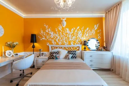 Стените в спалнята с ламинат дизайн и оформление боядисани модел фреска, боядисани в различни цветове