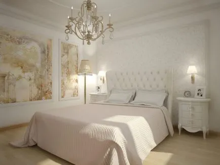 Peretii din dormitor cu un design laminat și aspect de model pictat fresca, vopsite în orice culoare