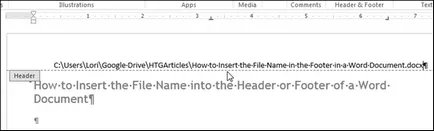 Hogyan lehet behelyezni egy fájlnevet a fejléc és lábléc a dokumentum szó