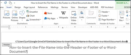 Как да поставите име на файла в колонтитулите на думата на документа