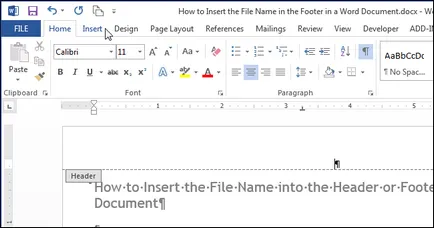 Cum se introduce un nume de fișier în antet sau subsol al cuvântului documentului